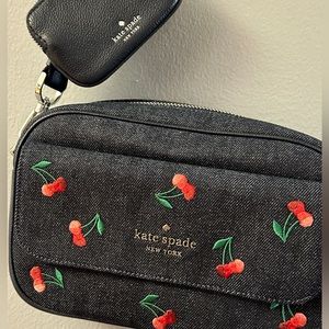 Kate Spade Dark Embroidered Denim Blue Jean Rosie Cherry Crossbody Bag K6055 NEW